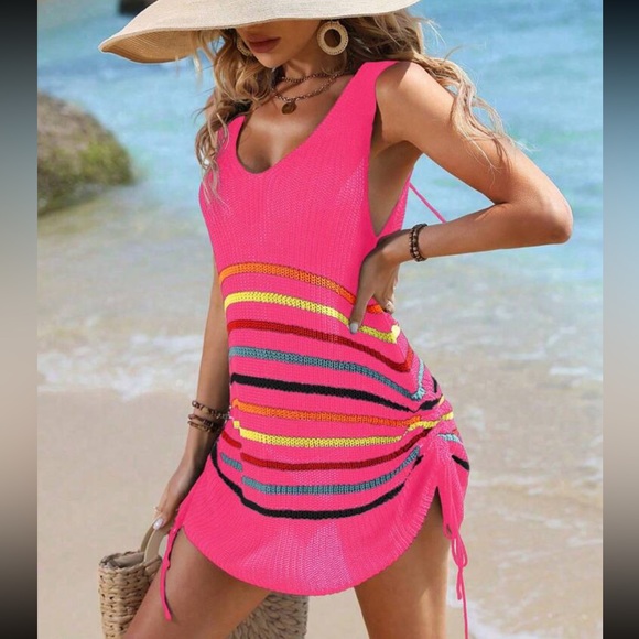 Sexy Knit Ruched Drawing String Swim Bath Suit Cover Up Dress White - Picture 9 of 12